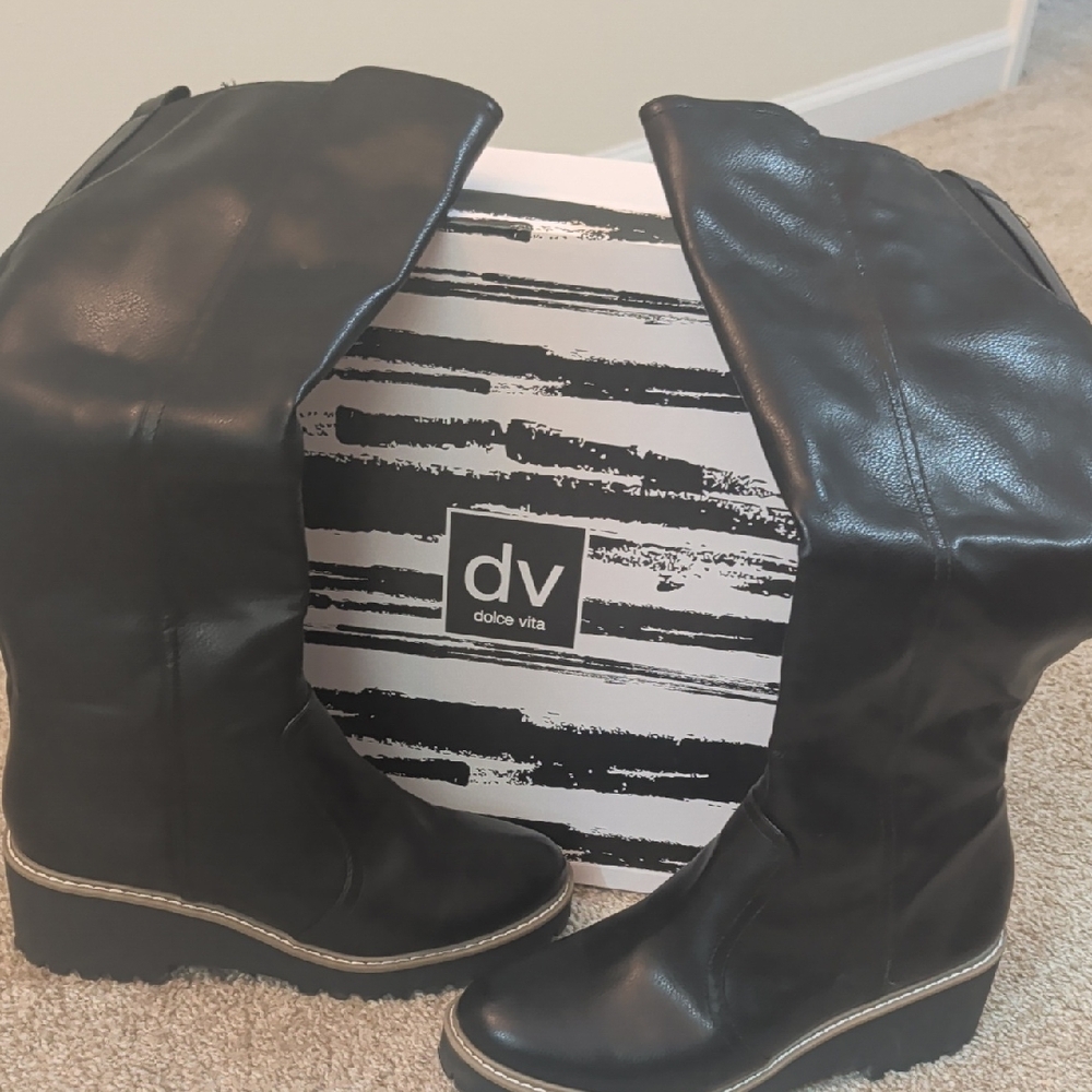 Dolce Vita Black Leather Wedge MOTO Boots, Knee High.
